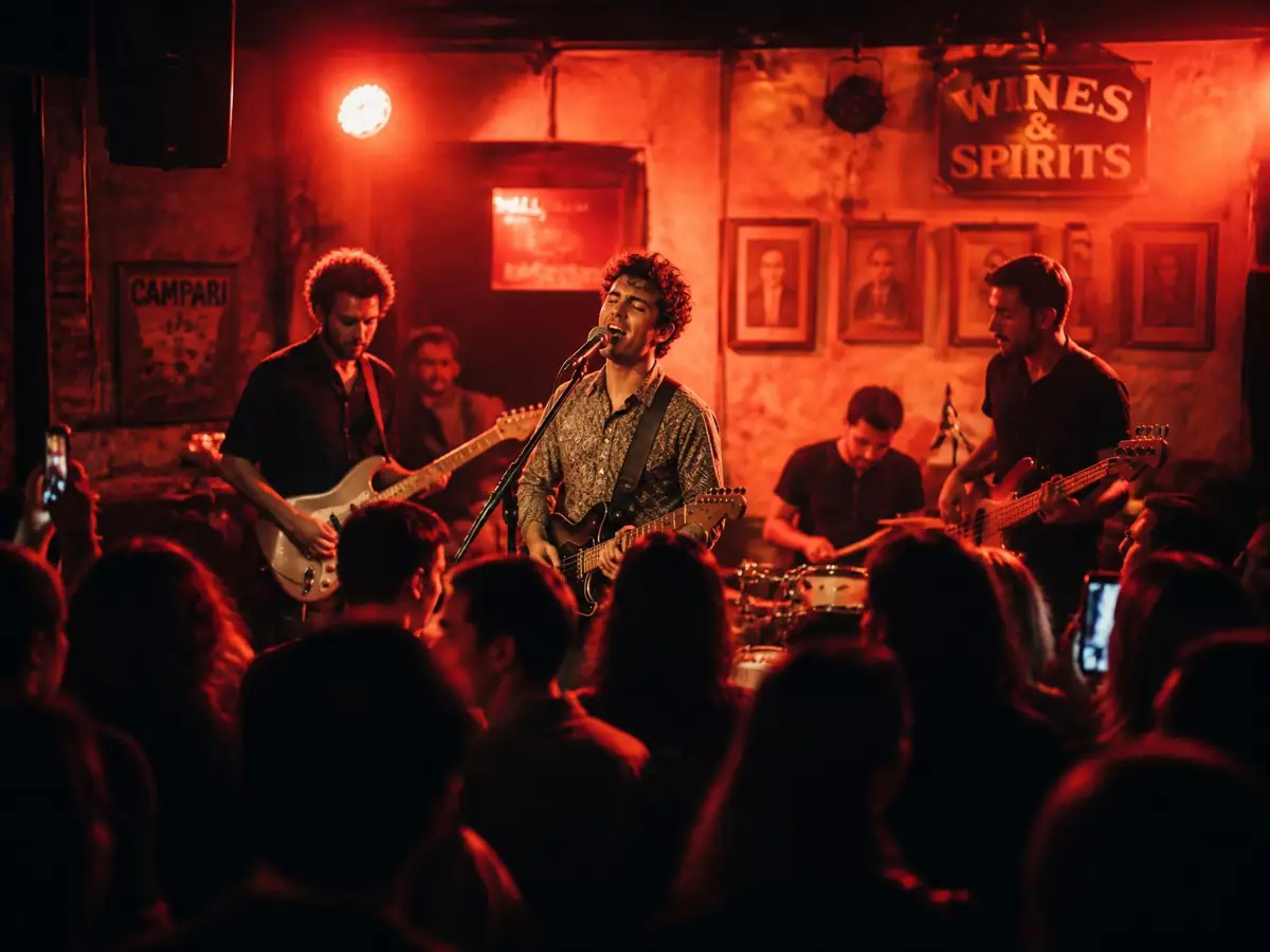 Banda tocando en vivo en un bar lleno de gente